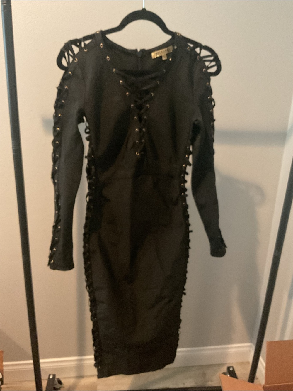 Black Lace-Up Midi Dress with lace up long sleeve Detailing